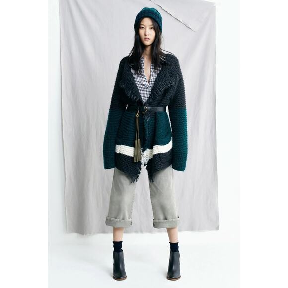 Madewell Handknit Wool Blend Fringe Open Cardigan in Stripe Color block S - Picture 1 of 7